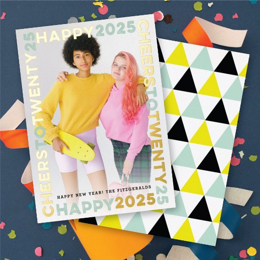 Happy 2025 Blocksフレームタイポグラフィ新年写真 箔シーズンカード