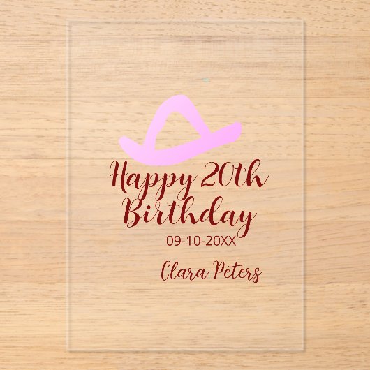 Happy 20th birthday pink cowboy girl name date sim アクリル招待状 (正面)