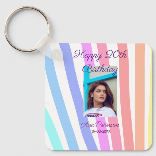 Happy 20th Birthday rainbow rustic boho lines phot キーホルダー (正面)