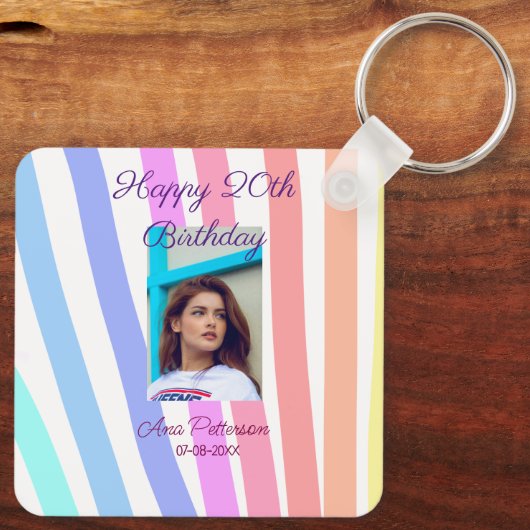 Happy 20th Birthday rainbow rustic boho lines phot キーホルダー (裏面)