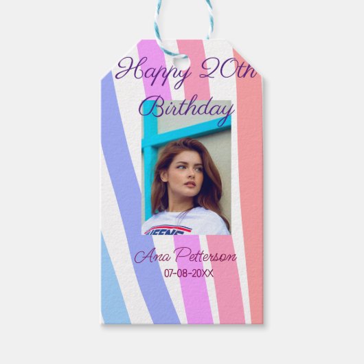 Happy 20th Birthday rainbow rustic boho lines phot ギフトタグ (正面)