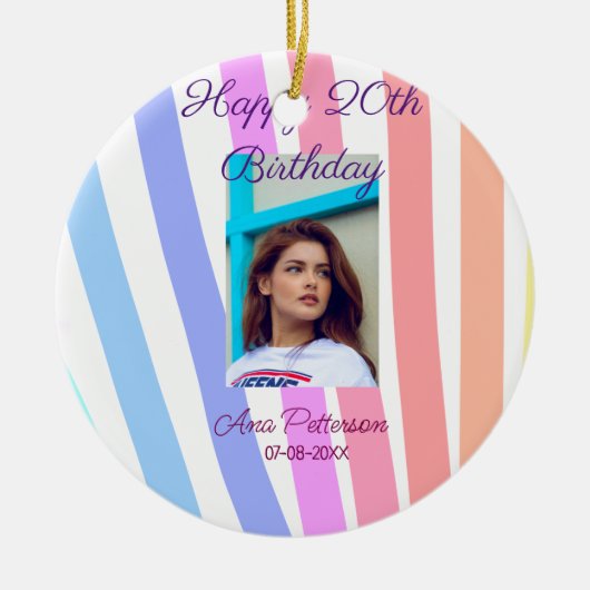 Happy 20th Birthday rainbow rustic boho lines phot セラミックオーナメント (正面)