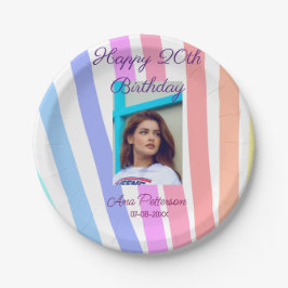 Happy 20th Birthday rainbow rustic boho lines phot ペーパープレート