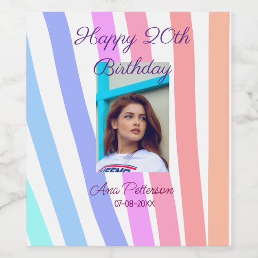 Happy 20th Birthday rainbow rustic boho lines phot ワインラベル (シングルラベル)