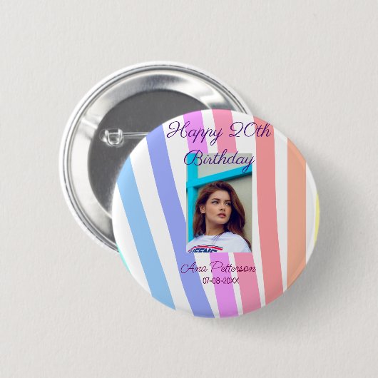Happy 20th Birthday rainbow rustic boho lines phot 缶バッジ (正面&裏面)