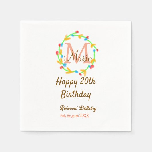 Happy 20th Birthday red add name monogram wreath スタンダードカクテルナプキン (正面)