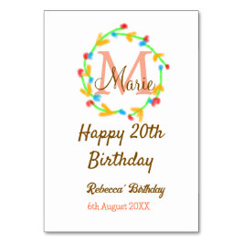 Happy 20th Birthday red add name monogram wreath テーブルナンバー