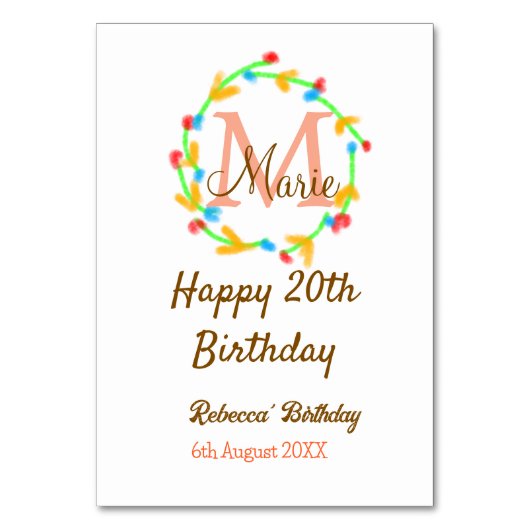 Happy 20th Birthday red add name monogram wreath テーブルナンバー (正面)