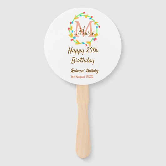 Happy 20th Birthday red add name monogram wreath ハンドファン (正面)