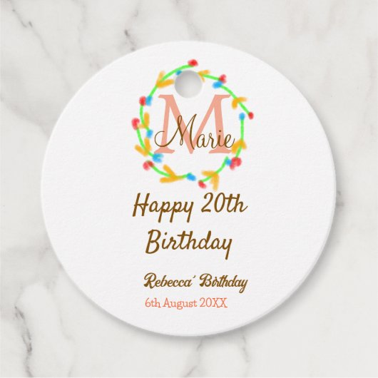 Happy 20th Birthday red add name monogram wreath フェイバータグ (正面)