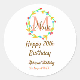 Happy 20th Birthday red add name monogram wreath ラウンドシール