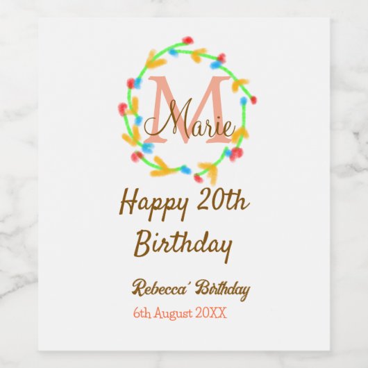 Happy 20th Birthday red add name monogram wreath ワインラベル (シングルラベル)