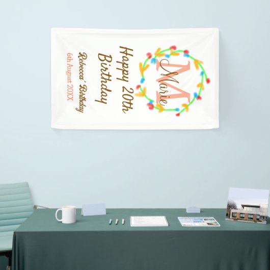 Happy 20th Birthday red add name monogram wreath 横断幕 (トレードショー)