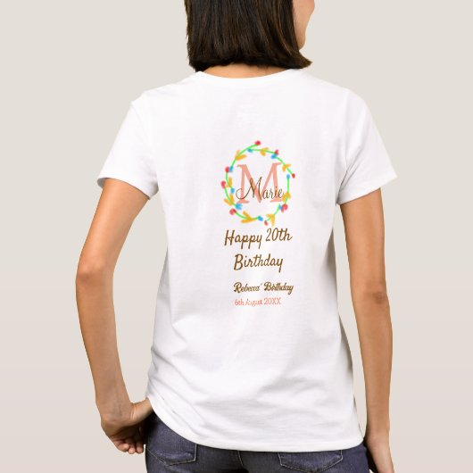 Happy 20th Birthday red add name monogram wreath Tシャツ (裏面)
