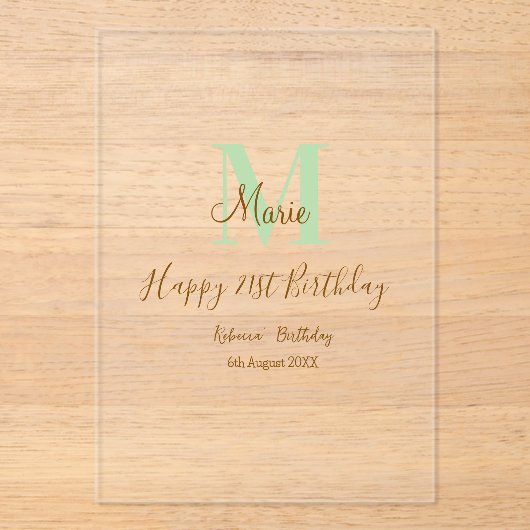 Happy 21st Birthday green add name monogram brown  アクリル招待状 (正面)