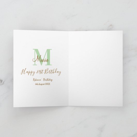 Happy 21st Birthday green add name monogram brown  カード (内部)