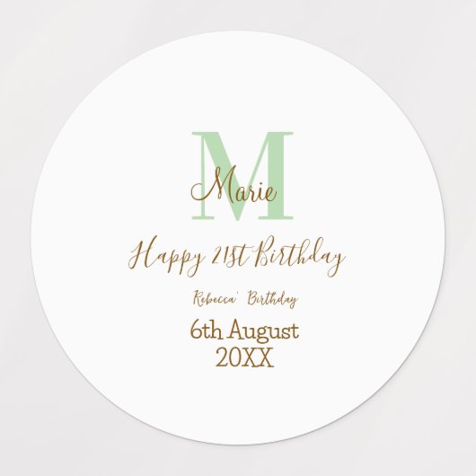 Happy 21st Birthday green add name monogram brown  ラベル (デザイン2)