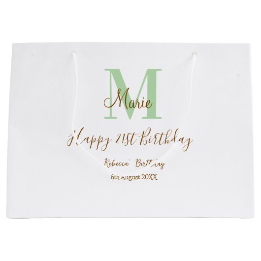 Happy 21st Birthday green add name monogram brown  ラージペーパーバッグ (正面)