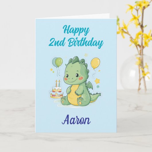 Happy 2nd Birthday, Cute Dragon, Personalized  カード (黄色い花)