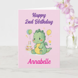 Happy 2nd Birthday Girl, かわいいドラゴンのパーソナライズド カード