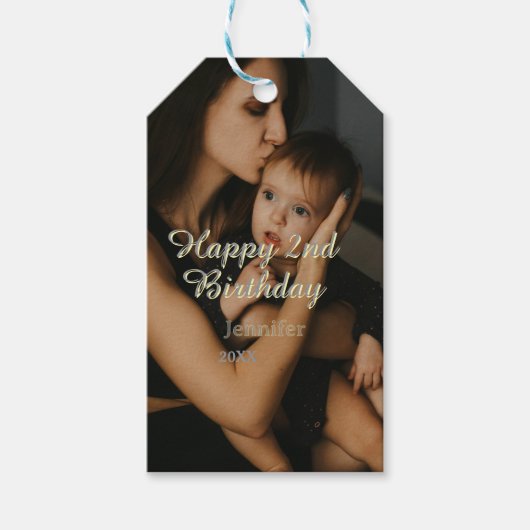 Happy 2nd birthday kids baby mother yellow gray na ギフトタグ (正面)