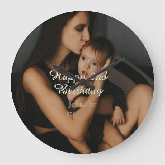 Happy 2nd birthday kids baby mother yellow gray na ラージ壁時計 (正面)