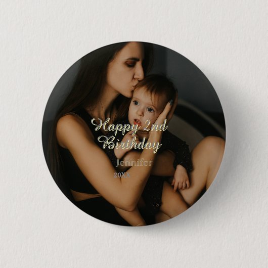 Happy 2nd birthday kids baby mother yellow gray na 缶バッジ (正面)