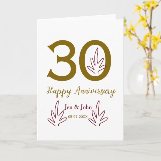 Happy 30th anniversary name date golden red leaf カード (黄色い花)