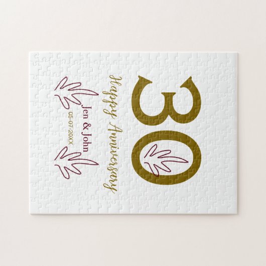 Happy 30th anniversary name date golden red leaf ジグソーパズル (横)