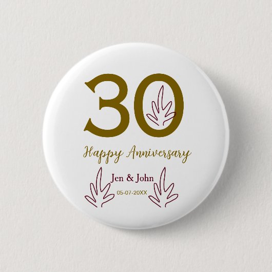 Happy 30th anniversary name date golden red leaf 缶バッジ (正面)