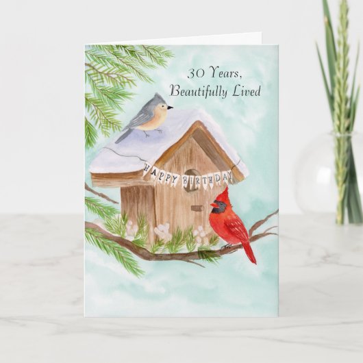  Happy 30th Birthday Birds at Birdhouse カード (正面)