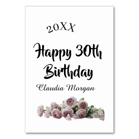 Happy 30th birthday pink white mauve floral name y テーブルナンバー (正面)