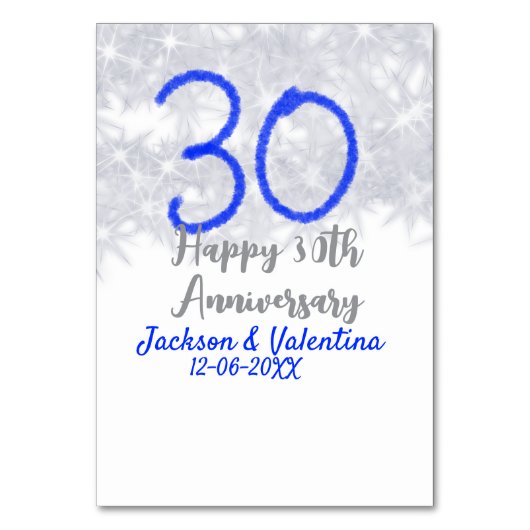 Happy 30th wedding anniversary silver blue glitter テーブルナンバー (正面)
