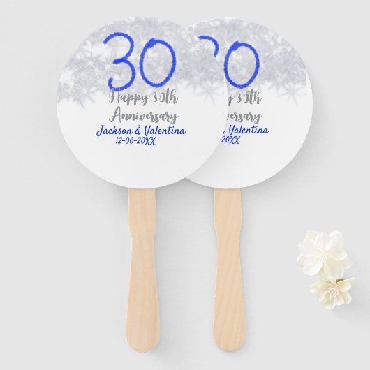 Happy 30th wedding anniversary silver blue glitter ハンドファン (正面&裏面)