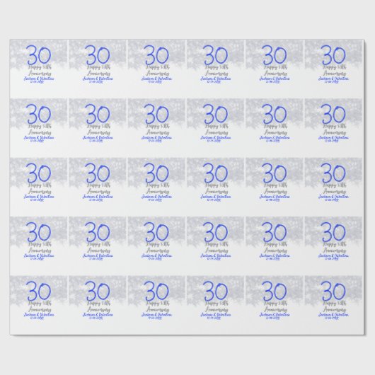 Happy 30th wedding anniversary silver blue glitter ラッピングペーパー (フラット)