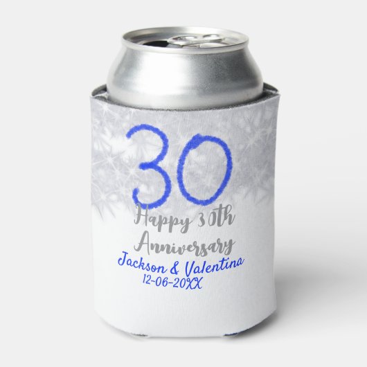 Happy 30th wedding anniversary silver blue glitter 缶クーラー (缶正面)