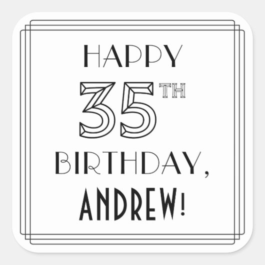 HAPPY 35th誕生日、アールデコスタイル、名前をカスタムする スクエアシール (正面)