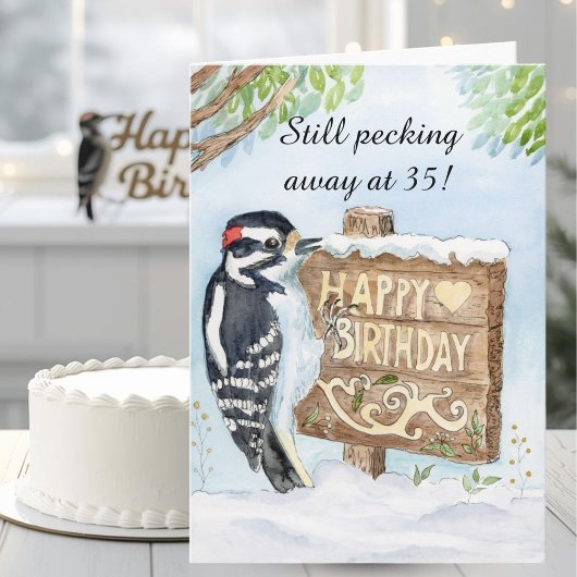Happy 35th Birthday Downy Woodpecker カード