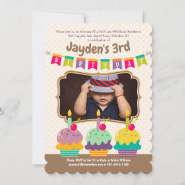 Happy 3rd Birthday カラフル Cupcakes Bunting Photo 招待状