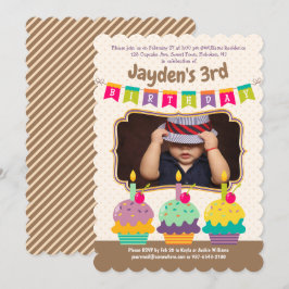 Happy 3rd Birthday カラフル Cupcakes Bunting Photo 招待状