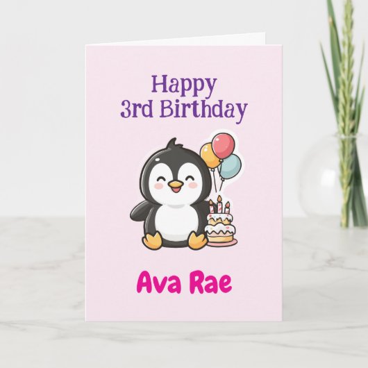Happy 3rd Birthday, Cute Penguin, Personalized  カード (正面)