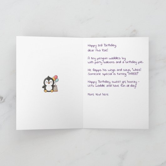 Happy 3rd Birthday, Cute Penguin, Personalized  カード (内部)