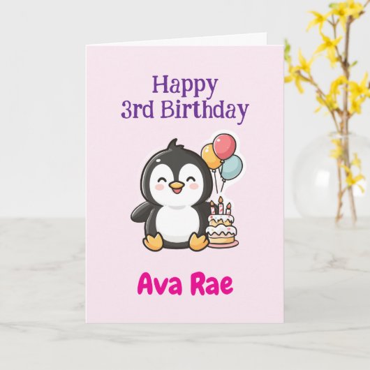 Happy 3rd Birthday, Cute Penguin, Personalized カード (黄色い花)