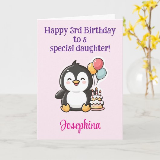 Happy 3rd Birthday Daughter, Penguin Personalized  カード (黄色い花)
