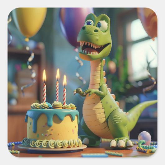 Happy 3rd Birthday, Funny Dino, Round or  スクエアシール (正面)