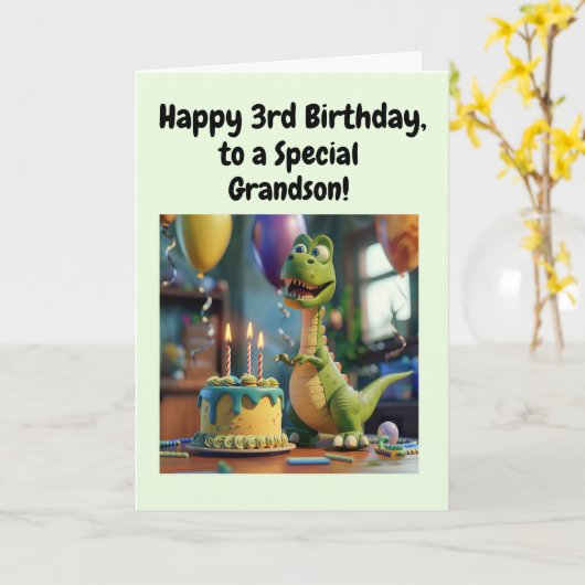 Happy 3rd Birthday Grandson, Dino, Personalized  カード (黄色い花)
