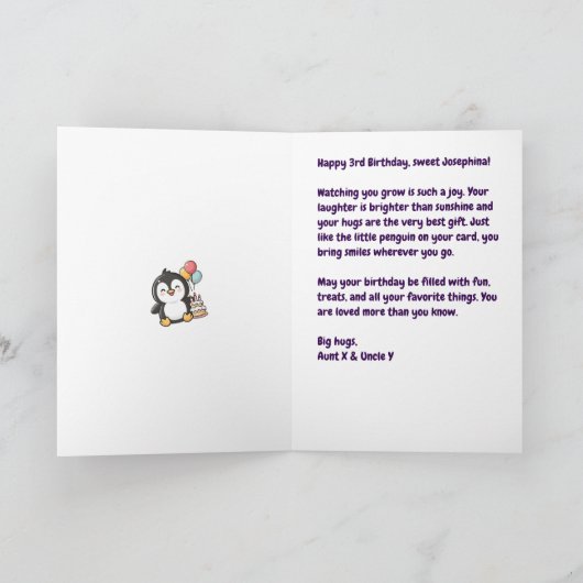 Happy 3rd Birthday Niece, Penguin, Personalized カード (内部)