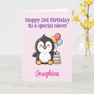 Happy 3rd Birthday Niece, Penguin, Personalized カード