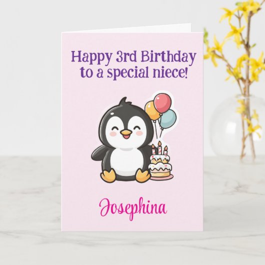 Happy 3rd Birthday Niece, Penguin, Personalized カード (黄色い花)