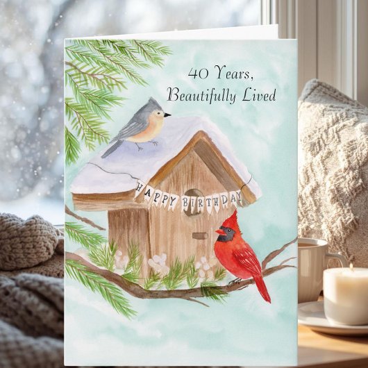  Happy 40th Birthday Birds at Birdhouse カード